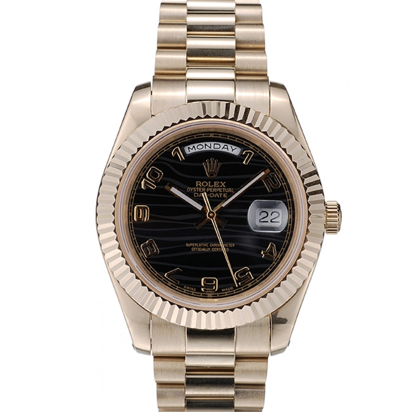 Aaa replica watch DayDate Rolex 41998 Gold Dial Steel Stainless Bezel Black Ribbed Swiss 1029